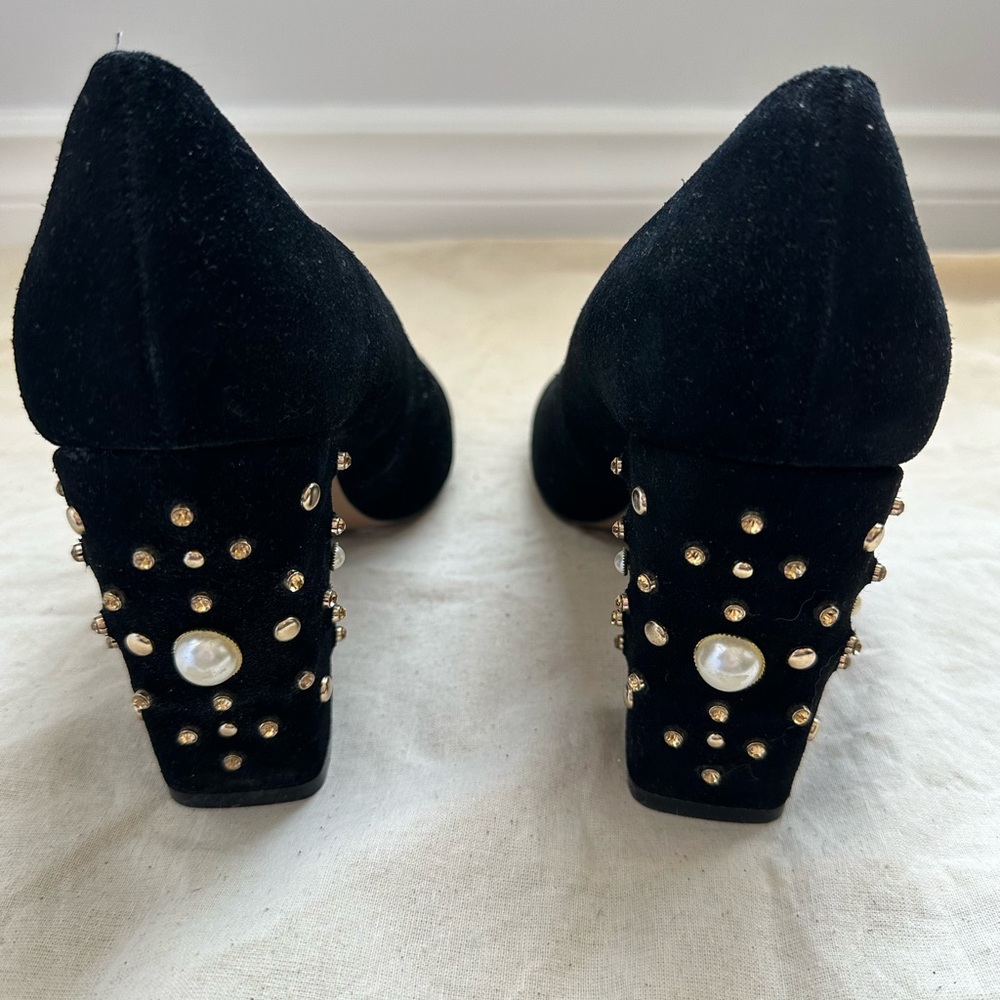 Black Velvet Pumps with Pearl & Gem Embellished - Picture 3 of 10